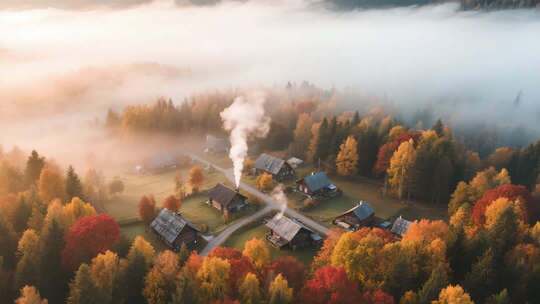 秋日森林村庄晨景航拍素材