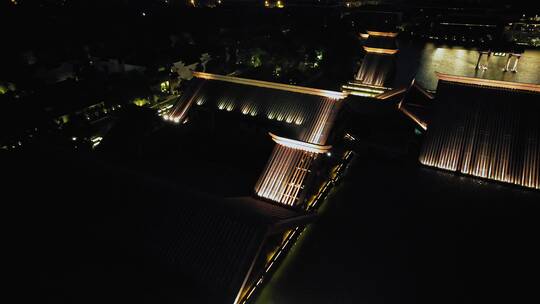 航拍上海松江广富林遗址建筑灯光夜景