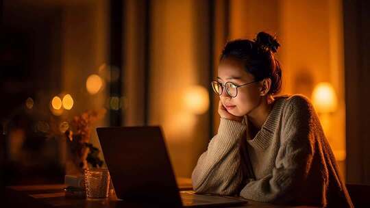 夜晚居家女性使用笔记本电脑