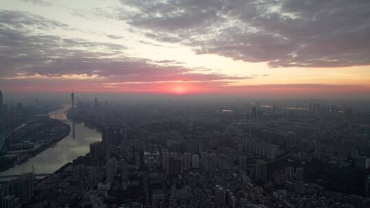 广州珠江岸城市高楼建筑群日出朝霞云彩航拍