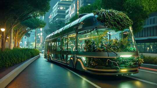 未来世界 绿色植物动力大巴车光合作用能源
