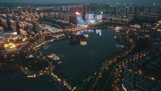 航拍西安W酒店曲江池夜景视频素材模板下载