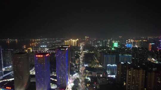 航拍广东湛江城市夜景交通