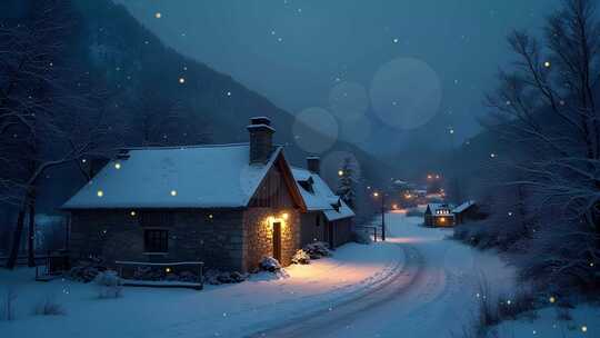 古老小镇夜晚下雪4k舞台粒子活动背景