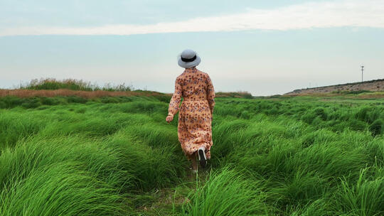 升格拍摄江西鄱阳湖草海里奔跑的少女背影视频素材模板下载