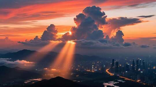 航拍落日晚霞延时 云 丁达尔效应4K