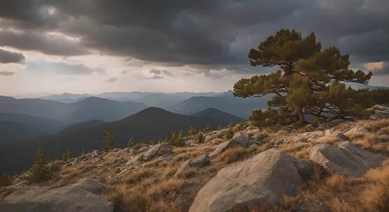 山间松树与日落 治愈风景 延时摄影