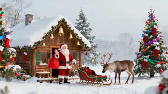 圣诞老人木屋前与驯鹿的场景