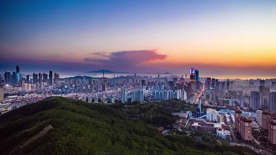 青岛城市山景夕阳夜景开灯航拍延时1