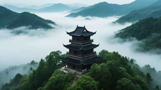 山林中式楼阁云雾环绕景象