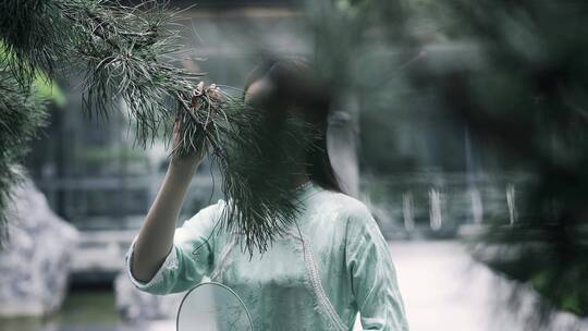 汉服年轻女子在园林景观松树前闻一闻清香