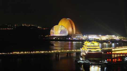 广州珠海日月贝大剧院情侣路海滩夜景航拍