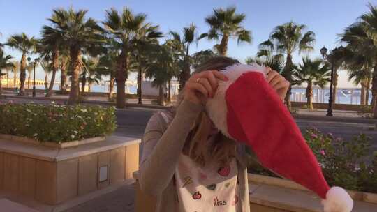 棕榈与海咖啡馆戴圣诞帽的年轻美丽女孩肖像
