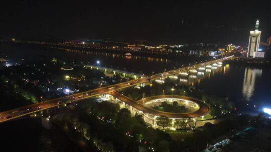 湖南长沙湘江橘子洲城市夜景灯光秀航拍