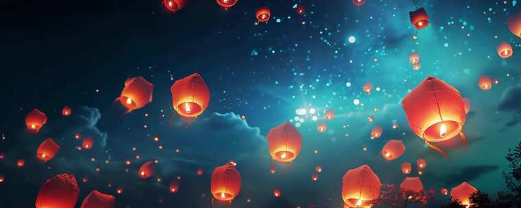 夜空放飞孔明灯场景