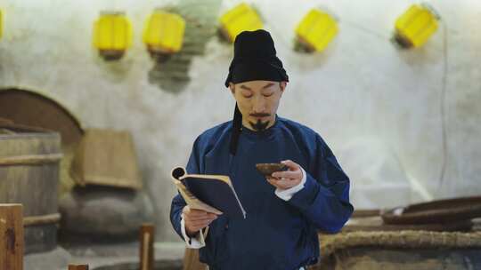 唐朝古代古装古人在酿酒作坊内查看配方书籍