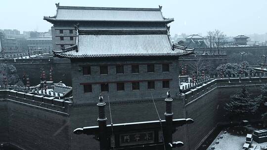 航拍西安城墙雪景