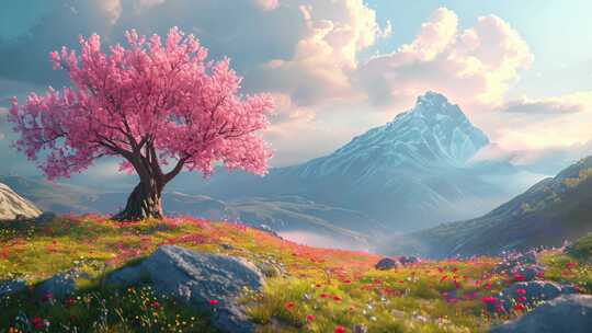 樱花树和远处的高山
