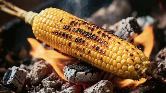 炭火上烤制的玉米特写