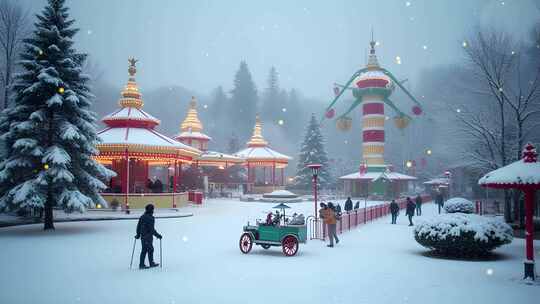 冬季公园游乐园雪景4k舞台粒子活动背景