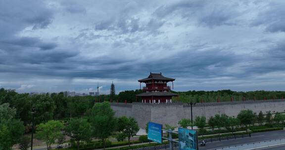 洛阳洛河隋唐立交桥鼓楼牡丹博物馆阴雨天