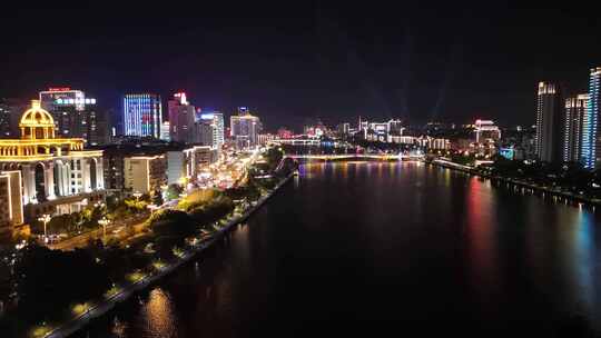 福建三明沙溪两岸夜景灯光桥梁交通航拍