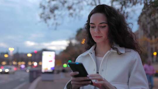 快乐的年轻女子在街上使用智能手机，背景是