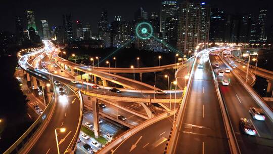 航拍未来智慧城市和高架道路智慧交通夜景