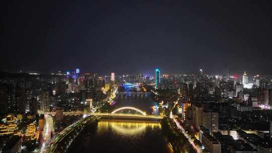 航拍甘肃兰州黄河两岸桥梁交通夜景灯光