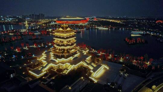 高清航拍成都大运会场馆地址东安湖夜景灯光