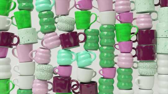 绿色和紫色的抽象堆叠3D咖啡杯