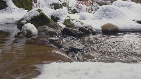 美丽的冬天雪景特写 高山森林小河树木