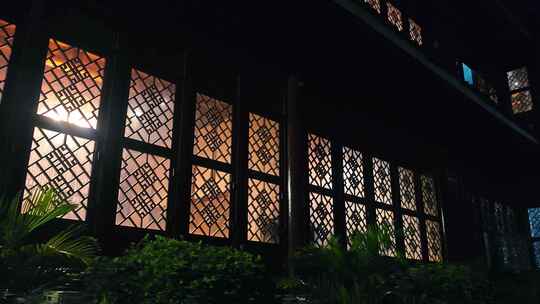 窗户亮灯晚上窗沿中式建筑中国风视频素材模板下载