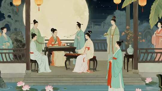 古风女子月夜庭院聚会场景