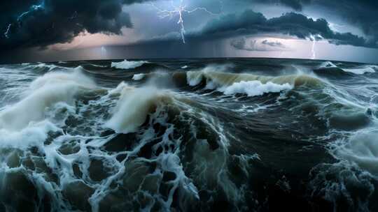 海上暴风雨闪电海浪景观