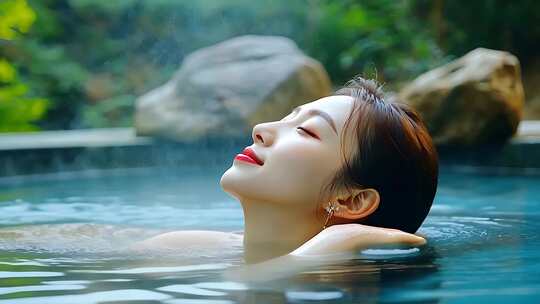 女子户外泡温泉放松
