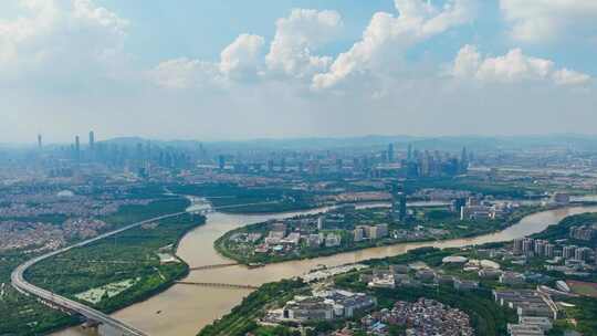 航拍广州城市延时蓝天白云广州生物岛延时