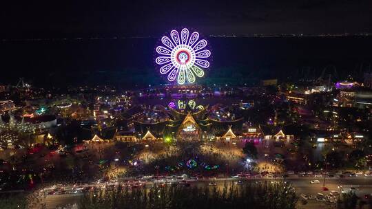 航拍七彩云南欢乐世界夜景和火把节场景