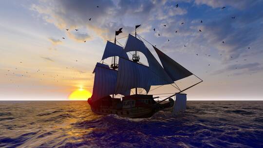 4K 清晨海上日出-驶向远方的木制帆船