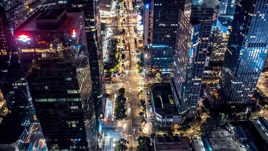 4K深圳航拍福田区夜景街道车流延时