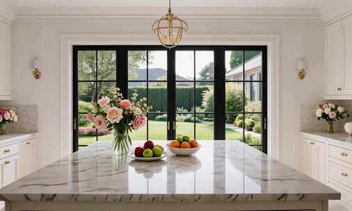 现代厨房大理石台面及窗外景观