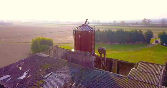 鸟儿飞过村庄边缘废弃农舍的塔楼