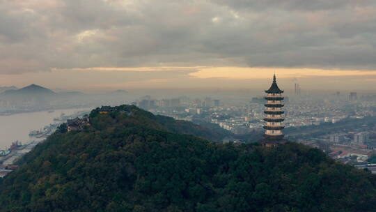 宁波镇海招宝山鳌柱塔街道清晨航拍1121