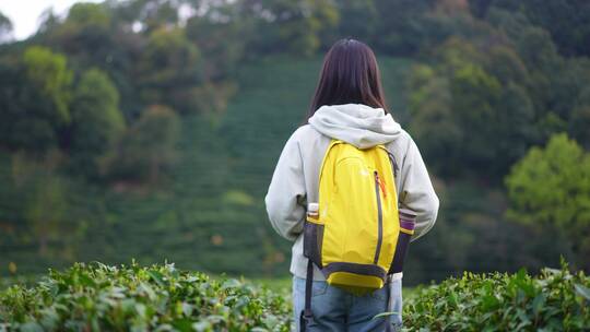 年轻活力青春女孩独自郊游踏青生态茶园