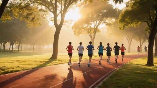 公园晨跑人群背影