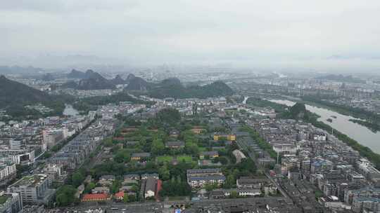 广西桂林城市风光航拍桂林清晨烟雨桂林