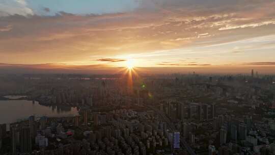 武汉城市航拍夕照晚霞