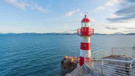 阳光海岸海滩大海日落灯塔落日晚霞空镜头