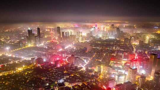 夜晚平流雾沈阳城市航拍夜景城市风光云雾