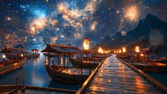 星夜水乡灯笼映照宁静港湾夜晚景色水乡风情